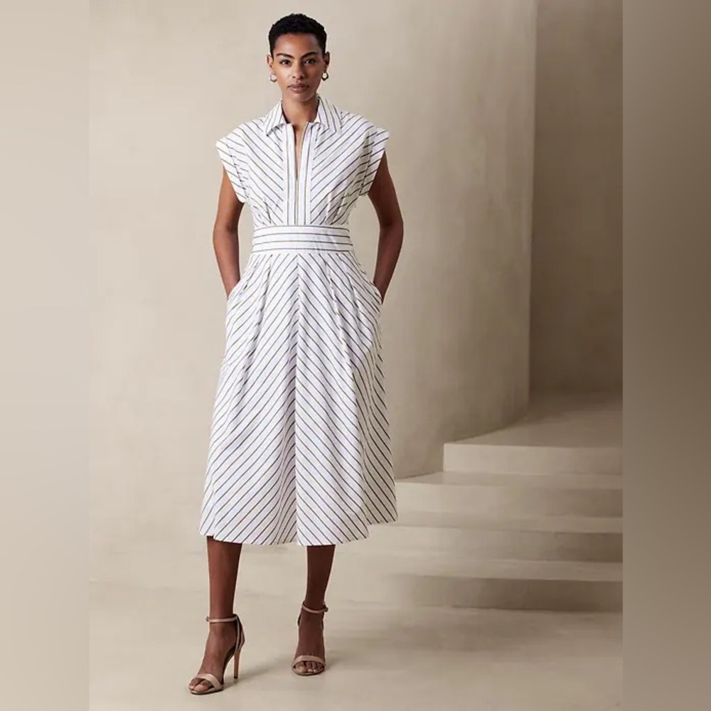 Banana Republic White and Tan Striped Midi Dress